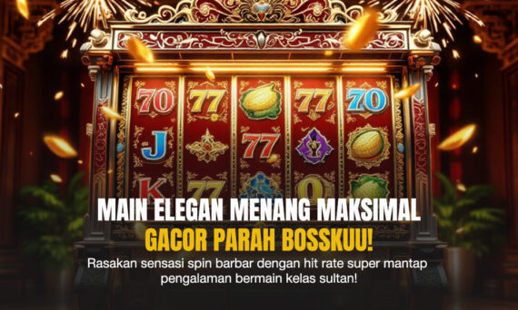 Mesin slot merah dengan angka “77” muncul besar di layar disertai efek kembang api, menciptakan nuansa kemenangan yang mewah.