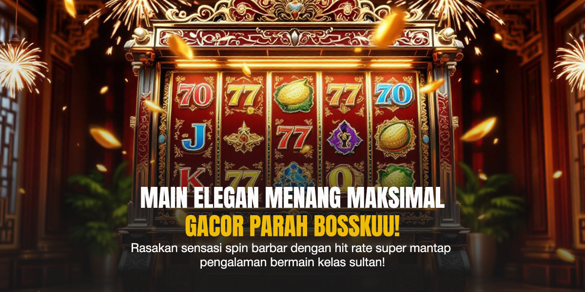 Mesin slot merah dengan angka “77” muncul besar di layar disertai efek kembang api, menciptakan nuansa kemenangan yang mewah.